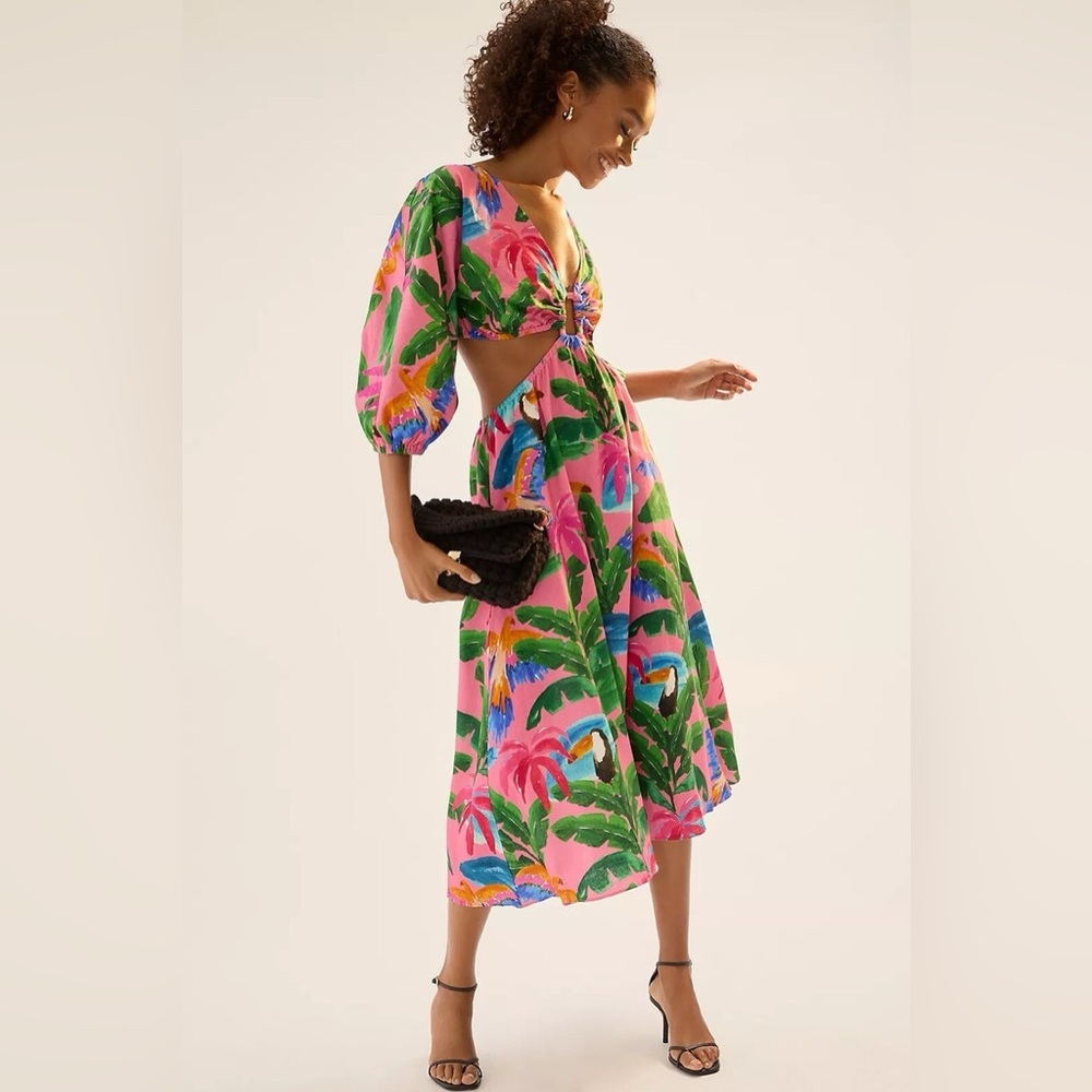 Farm Rio Cutout Midi Dress Womens Size XS Pink Linen Blend Toucan Tropical